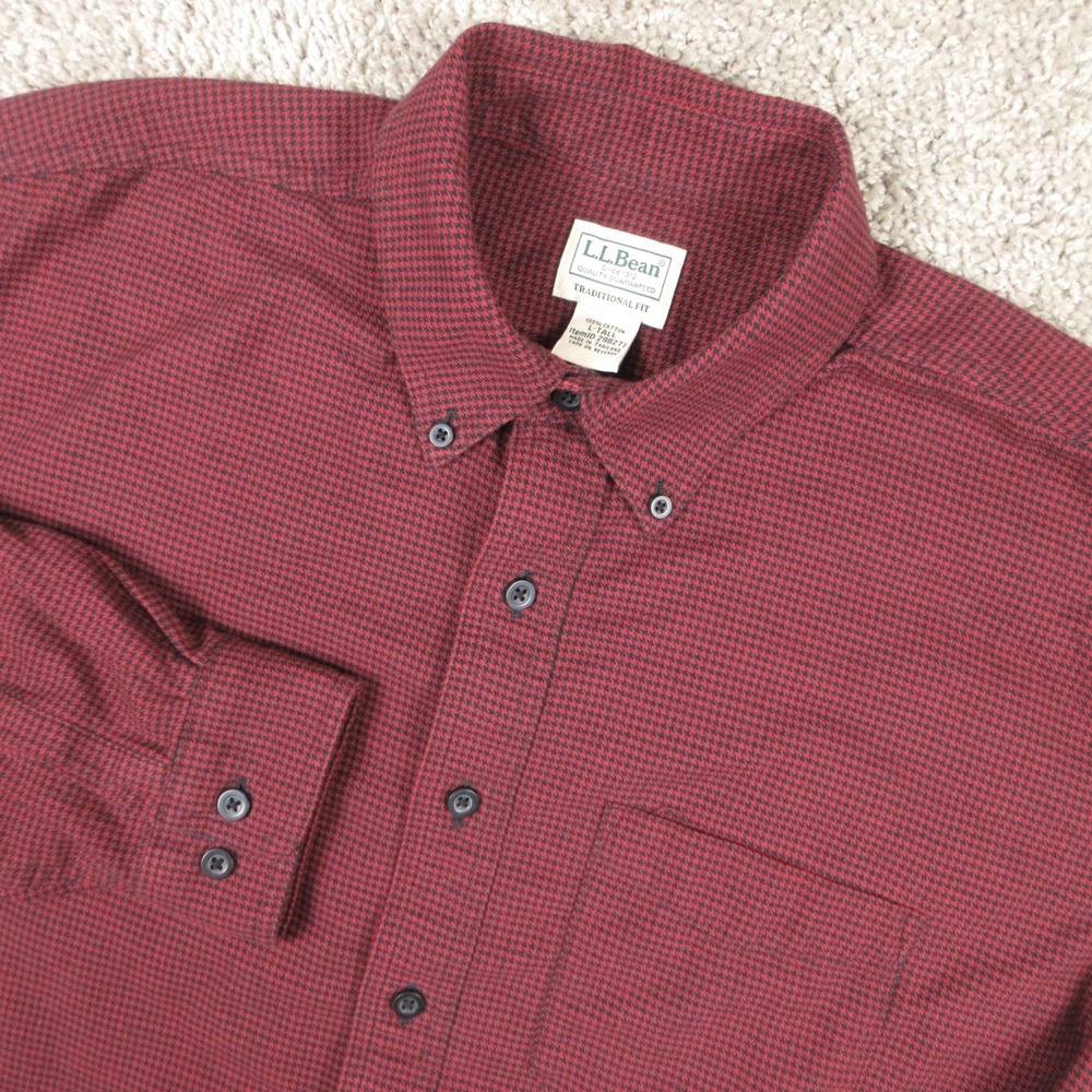 LL Bean Shirt Mens Large Tall Red Houndstooth Wicked Good Flannel Button Up EUC